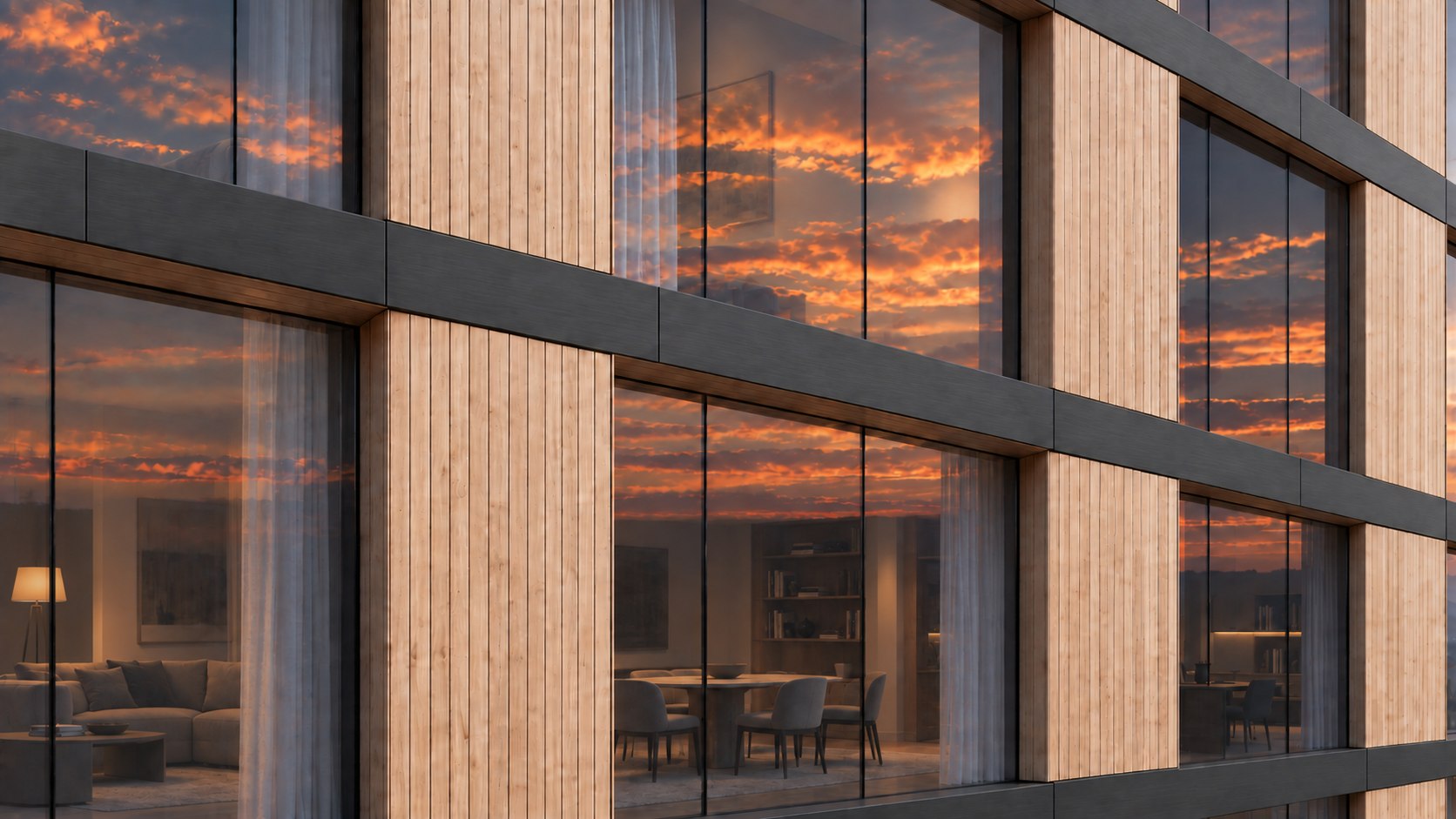 Glass façade at sunset with light timber boards and graphite bands